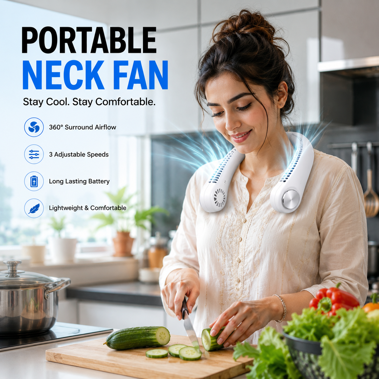 Vaneless Neck Hanging Fan – USB Rechargeable Hands-Free Portable Cooling Fan